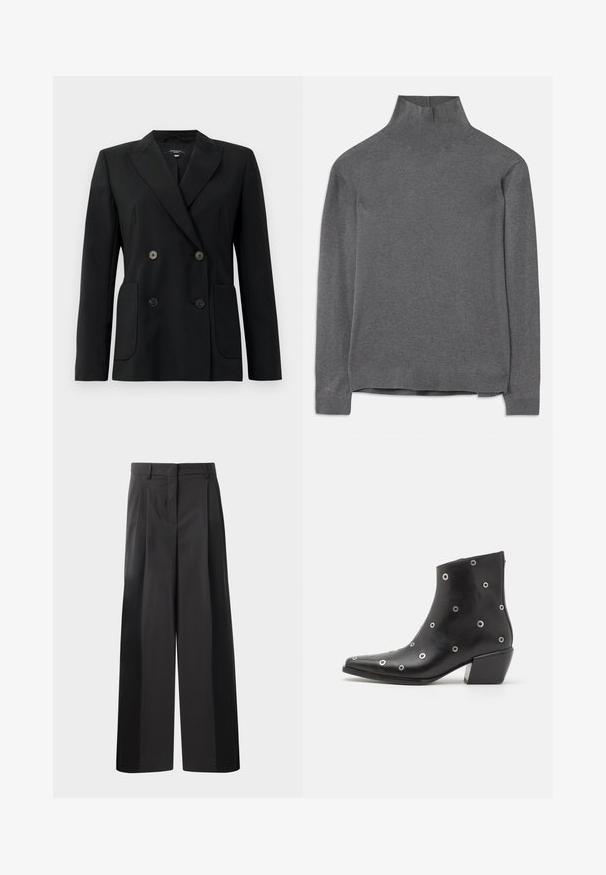 Černý dvouřadý blazer vyrobený z pevných tkanin, s klopovými límci, dvěma předními kapsami a čtyřmi černými knoflíky.; Šedý rolák vyrobený z měkké tkaniny, s dlouhými rukávy, žebrovaným límcem a lemem, s volným střihem. Hladká textura a jednoduchý design.; Černé kalhoty širokého střihu s vysokým pasem, které mají přední sklady, hladký povrch a upravený vzhled. Navrženy pro volný střih.; Černá kožená kotníková bota se stříbrnými kroužkovými detaily, špičatou špičkou a blokovým podpatkem. Elegantní design s hladkým povrchem.