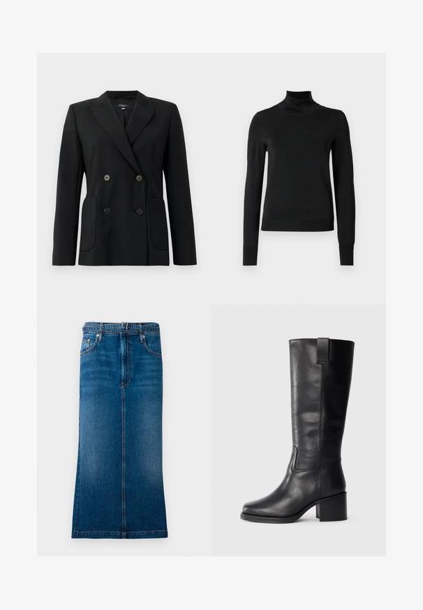 Fekete, kétsoros zakó, amely strukturált anyagból készült, kihajtott gallérral, két elülső zsebbel és négy fekete gombbal rendelkezik.; Fekete, hosszú ujjú garbós pulóver bordás mandzsettákkal és aljjal, sima fehér háttér előtt bemutatva.; Közepes mosású, egyenes szabású farmer szoknya, rejtett elülső cipzárral, övhurkokkal és kontrasztos varrással.; Fekete bőr, térd fölé érő csizmák sima textúrával, négyzetes orral, tömbsarkúval és oldalsó húzófüllel, minimális varrási részletekkel.