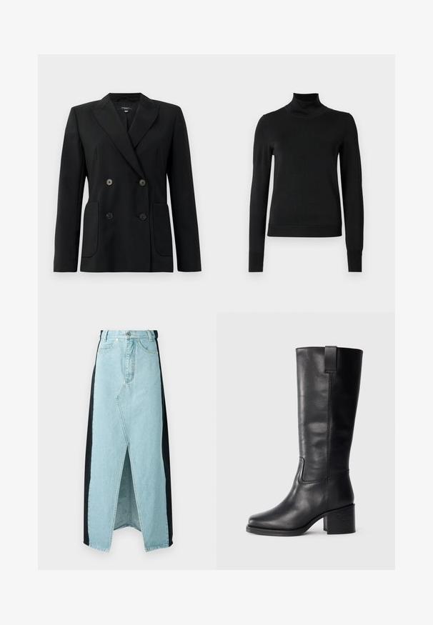 Blazer negru cu două rânduri de nasturi, realizat dintr-un material structurat, având rever cu decupaj, două buzunare frontale și patru nasturi negri.; Pulover negru cu mânecă lungă și guler tip colier, cu manșete și tiv cu elastic, expus pe un fundal alb simplu.; Fustă din denim care combină materiale de culoare albastră deschisă și neagră, având o deschidere frontală, talie înaltă și un design structurat cu închidere standard cu nasturi.; Cizme negre din piele până la genunchi cu o textură netedă, vârf pătrat, toc bloc și tab pentru tragere pe lateral, având detalii de cusătură minime.