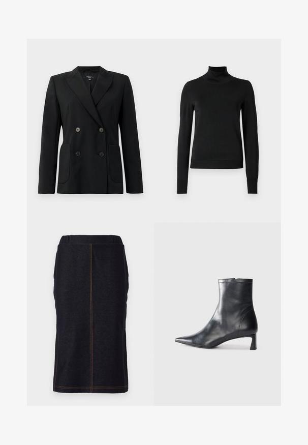 Juodas dvigubas švarkas, pagamintas iš struktūruotos medžiagos, su išpjautomis atlapomis, dviem priekinėmis kišenėmis ir taisyklingais juodais mygtukais.; Juoda ilgomis rankovėmis turtleneko tipo megztinis su rebruotomis rankovėmis ir apačia, eksponuojamas ant paprasto balto fono.; Tamsiai mėlynas džinsinis pieštuko sijonas su tiesiu įpjovimu ir šoninėmis plyšiais, pasižymintis kontrastinga oranžine siūlelių linija palei siūles. Lankstus juosmuo komfortui.; Juodas odinis kulkšninis batas su smailiu pirštu ir elegantišku dizainu. Turi žemą kulną ir užtrauktuką gale. Lygi tekstūra.