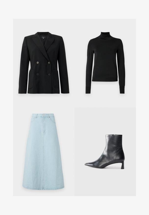 Črn dvoredni blazer iz strukturirane tkanine, z ovratnikom tipa notch, dvema sprednjima žepoma in štirimi črnimi gumbi.; Črni pulover s dolgimi rokavi in vratnikom, z rebrastimi манжетами in robom, prikazan na enobarvni beli podlagi.; Svetlo modra denim krila, dolžine do kolen, A-silhuete, z elastičnim pasom, sprednjim gumbom in dvema stranskima žepoma. Gladka tekstura.; Črne usnjene gležnjarje s šiljastim nosom in elegantnim dizajnom. Imajo nizko peto in zadrgo na zadnji strani. Gladka tekstura.