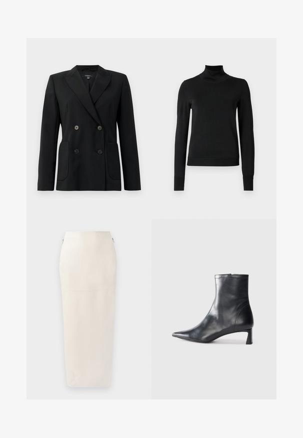 Čierny dvojradový blejzer vyrobený z pevnej látky, s klopami, dvoma prednými vreckami a štyrmi čiernymi gombíkmi.; Čierny dlhý rukáv rolák s rebrovanými manžetami a lemom, zobrazený na čistej bielej pozadí.; Krémová midi sukňa s priliehavým strihom, vyrobená z hladkej látky, s ukrytou zipsovou zdierkou na boku a minimalistickým švom.; Čierne kožené členkové topánky s špicatou špičkou a elegantným dizajnom. Majú nízky podpätok a zips na zadnej strane. Hladká textúra.