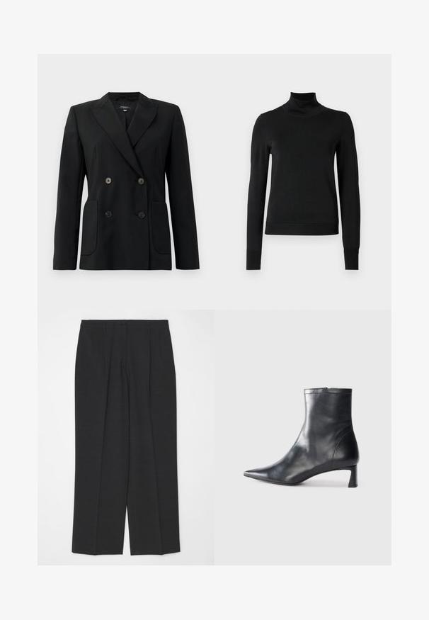 Črn dvoredni blazer iz strukturirane tkanine, z ovratnikom tipa notch, dvema sprednjima žepoma in štirimi črnimi gumbi.; Črni pulover s dolgimi rokavi in vratnikom, z rebrastimi манжетами in robom, prikazan na enobarvni beli podlagi.; Temno sivi krojeni hlače s ravnim krojem, ki imajo enojno gumbno zapiranje in dva sprednja nabora, gladko teksturo in brez okrasnih dodatkov.; Črne usnjene gležnjarje s šiljastim nosom in elegantnim dizajnom. Imajo nizko peto in zadrgo na zadnji strani. Gladka tekstura.