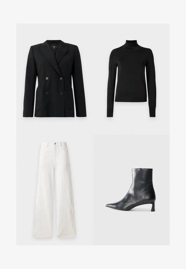 Blazer preto de dupla face feito de tecido estruturado, apresentando lapelas com corte em notch, dois bolsos frontais e quatro botões pretos.; Sweater preto de manga longa com gola alta, com punhos e bainha canelados, exposto em um fundo branco liso.; Calças de ganga brancas de perna larga com padrões de bordado lateral e design tradicional de cinco bolsos. Fecho com zíper e botão.; Bota de tornozelo em pele preta com biqueira apontada e um design elegante. Apresenta um salto baixo e um fecho com zipper na parte de trás. Textura suave.