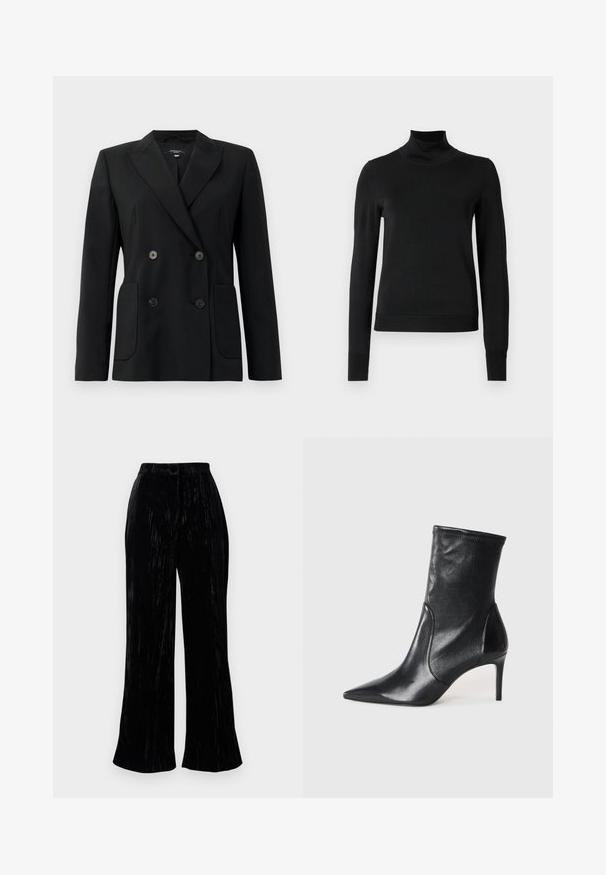 Blazer negro de doble botonadura, hecho de una tela estructurada, con solapas de muesca, dos bolsillos frontales y cuatro botones negros.; Suéter negro de manga larga con cuello de tortuga, con puños y dobladillo acanalados, exhibido sobre un fondo blanco liso.; Pantalones de terciopelo negro de pernera ancha con una textura suave, que cuentan con una cintura alta y sutiles rayas verticales. Diseñados para un ajuste relajado.; Botas negras hasta el tobillo hechas de cuero suave, con punta afilada, caña ajustada y tacón alto delgado. Diseño minimalista sin herrajes visibles.