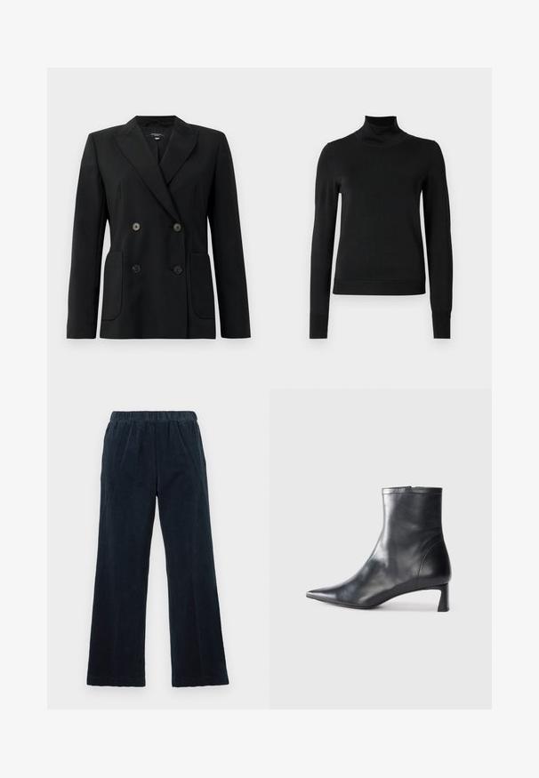 Črn dvoredni blazer iz strukturirane tkanine, z ovratnikom tipa notch, dvema sprednjima žepoma in štirimi črnimi gumbi.; Črni pulover s dolgimi rokavi in vratnikom, z rebrastimi манжетами in robom, prikazan na enobarvni beli podlagi.; Mornarske kord flis hlače s širokim krojem, elastičnim pasom in navpično žametno teksturo. Imajo stranske žepe in ravno rob.; Črne usnjene gležnjarje s šiljastim nosom in elegantnim dizajnom. Imajo nizko peto in zadrgo na zadnji strani. Gladka tekstura.
