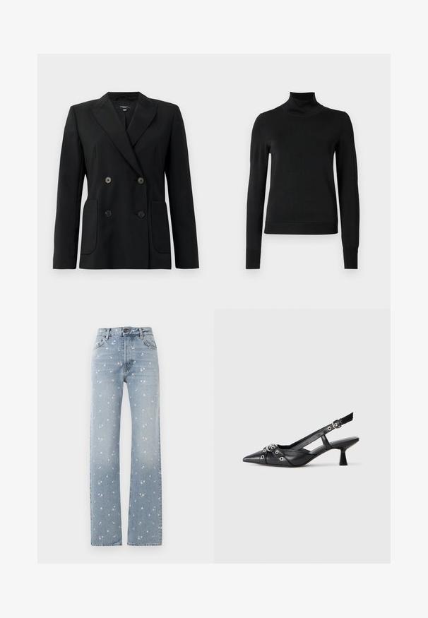 Črn dvoredni blazer iz strukturirane tkanine, z ovratnikom tipa notch, dvema sprednjima žepoma in štirimi črnimi gumbi.; Črni pulover s dolgimi rokavi in vratnikom, z rebrastimi манжетами in robom, prikazan na enobarvni beli podlagi.; Svijetloplave traperice ravnog kroja s izblijedjelim ružičastim cvjetnim uzorkom, prednjim dugmetom i detaljima džepova.; Črne usnjene sandale središnje zaponke z ostro konico, okrasnimi trakovi z kovinskimi očesi in nizko blokasto peto. Teksturirana površina.