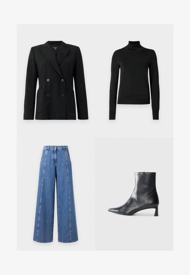 Juodas dvigubas švarkas, pagamintas iš struktūruotos medžiagos, su išpjautomis atlapomis, dviem priekinėmis kišenėmis ir taisyklingais juodais mygtukais.; Juoda ilgomis rankovėmis turtleneko tipo megztinis su rebruotomis rankovėmis ir apačia, eksponuojamas ant paprasto balto fono.; Plačios kojos mėlyni džinsai, pasižymintys aukštu juosmeniu, išryškintais siūlių detalėmis ir švariu užbaigimu be kišenių.; Juodas odinis kulkšninis batas su smailiu pirštu ir elegantišku dizainu. Turi žemą kulną ir užtrauktuką gale. Lygi tekstūra.