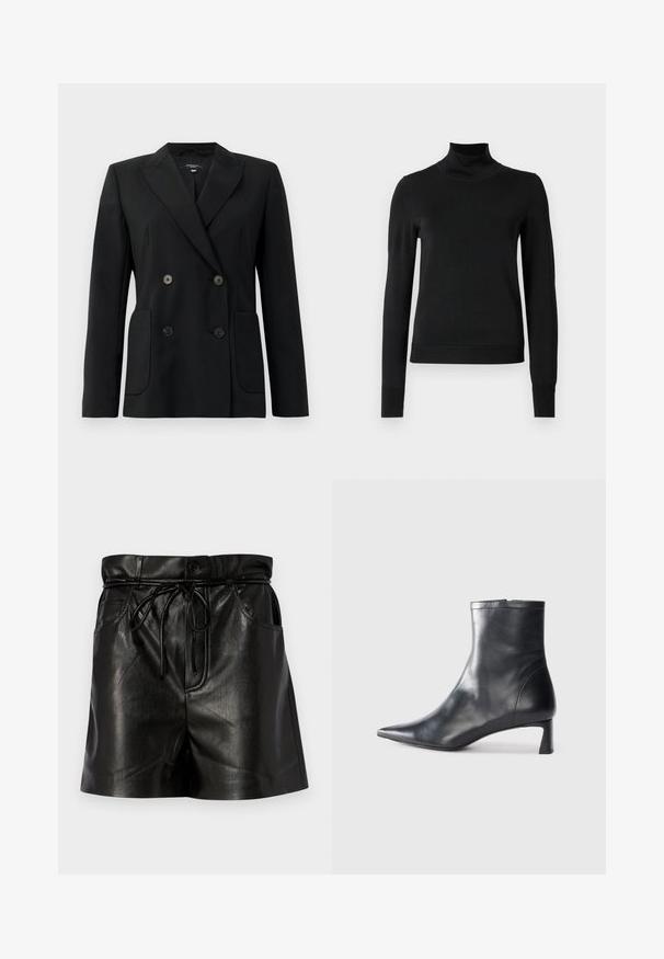 Juodas dvigubas švarkas, pagamintas iš struktūruotos medžiagos, su išpjautomis atlapomis, dviem priekinėmis kišenėmis ir taisyklingais juodais mygtukais.; Juoda ilgomis rankovėmis turtleneko tipo megztinis su rebruotomis rankovėmis ir apačia, eksponuojamas ant paprasto balto fono.; Juodi odiniai šortai su aukštu liemeniu, raišteliu ir kišenėmis šonuose. Blizgus paviršius su matomomis siuvimo detalėmis.; Juodas odinis kulkšninis batas su smailiu pirštu ir elegantišku dizainu. Turi žemą kulną ir užtrauktuką gale. Lygi tekstūra.