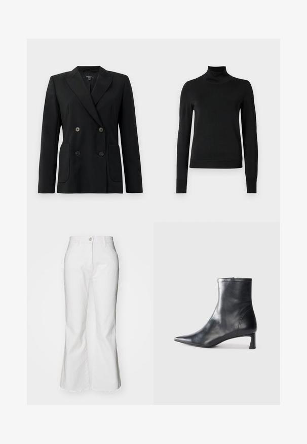 Musta kaksirivinen bleiseri, joka on valmistettu jämäkästä kankaasta ja jossa on asetelmalapelit, kaksi etutaskua ja neljä mustaa nappia.; Musta pitkähihaisen pooloneuleen, jossa on ribbikuvioiset hihansuut ja helma, esitetty yksinkertaisella valkoisella taustalla.; Valkoiset avarat farkut, jotka on valmistettu denimistä ja joissa on raaka helma. Varustettu napin sulkemisella ja etutaskuilla. Klassinen muotoilu modernilla leikkauksella.; Musta nahkainen nilkkabotti, jossa on teräväkärkinen muotoilu ja tyylikäs design. Varusteena matala korko ja takana vetoketjukiinnitys. Sileä pinta.