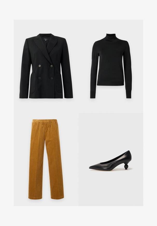 Blazer nero doppiopetto realizzato in tessuto strutturato, con rever a forma di pescante, due tasche frontali e quattro bottoni neri.; Pullover nero a maniche lunghe con collo alto, rifinito con polsini e orlo a coste, mostrato su uno sfondo bianco semplice.; Pantaloni in corda dritti con vita elastica di colore marrone senape, con texture a righe verticali, esposti su uno sfondo bianco uniforme.; Scarpa con tacco alto in pelle nera, con punta affilata e tacco arrotondato e bombato. Texture liscia con un design elegante e minimalista.