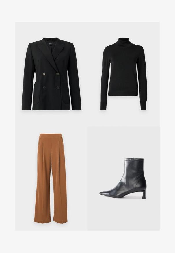 Zwarte dubbelgebreide blazer van gestructureerde stof, met notch revers, twee voord pockets en vier zwarte knopen.; Zwarte trui met lange mouwen en col, voorzien van geribde manchetten en zoom, weergegeven op een effen witte achtergrond.; Max Mara Leisure EUCLIDE - Broek - cuoio; Zwarte leren enkellaars met een spitse neus en een slank ontwerp. Heeft een lage hak en een ritssluiting aan de achterkant. Gladde textuur.