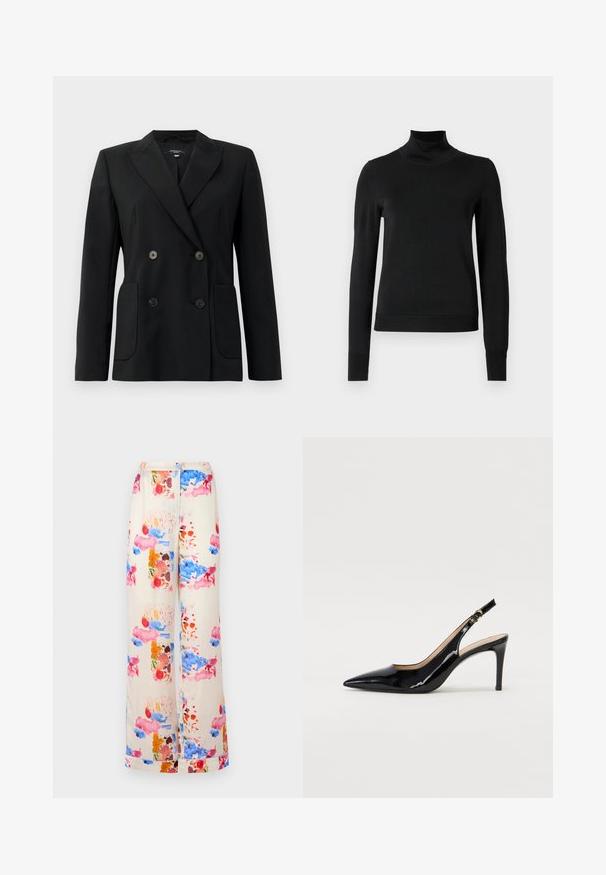 Fekete, kétsoros zakó, amely strukturált anyagból készült, kihajtott gallérral, két elülső zsebbel és négy fekete gombbal rendelkezik.; Fekete, hosszú ujjú garbós pulóver bordás mandzsettákkal és aljjal, sima fehér háttér előtt bemutatva.; Széles lábú nadrág krémszínű anyagból, amely színes akvarell mintával rendelkezik rózsaszín, kék és narancssárga árnyalatokkal. Könnyű és lélegző.; Fekete lakk bőr kötött magassarkú cipő, hegyes orral és karcsú sarokkal, finom kivágásos dizájnnal. Az övön arany csatt található.