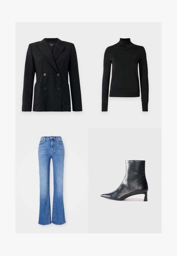 Mustvalge topeltkinnitatud bleiser, mis on valmistatud jäigast kangast, millel on kraed, kaks esist pocketit ja neli musta nööpi.; Mustmusterta mustaga pikkade varrukatega kõrge kaelusega sviiter, millel on ribakudumisega mansetid ja äär, esitatud lihtsal valgel taustal.; Kõrgvöödiga laienevad teksad, mis on valmistatud helesinisest denimist. Omadusteks on viis taskut, tõmblukk ja rebenenud servad. Tekstuuriga kangas, millel on pleekinud koht.; Mustad mustall nahkasaabas terava nina ja stiilse disainiga. Omab madalat konts ja luku sulgemist taga. Sile tekstuur.