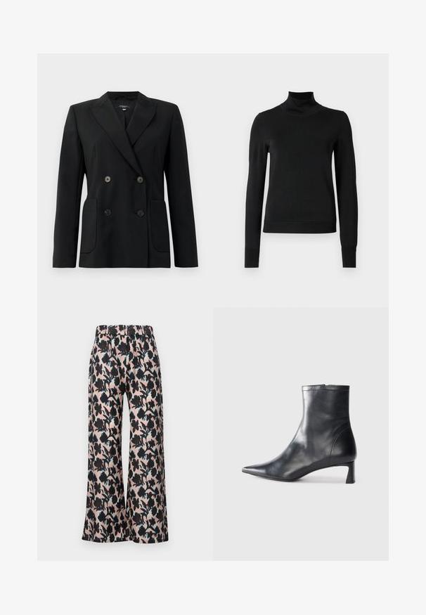 Zwarte dubbelgebreide blazer van gestructureerde stof, met notch revers, twee voord pockets en vier zwarte knopen.; Zwarte trui met lange mouwen en col, voorzien van geribde manchetten en zoom, weergegeven op een effen witte achtergrond.; MUNTHE ARUM - Broek - rose; Zwarte leren enkellaars met een spitse neus en een slank ontwerp. Heeft een lage hak en een ritssluiting aan de achterkant. Gladde textuur.