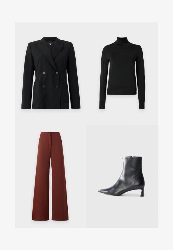 Zwarte dubbelgebreide blazer van gestructureerde stof, met notch revers, twee voord pockets en vier zwarte knopen.; Zwarte trui met lange mouwen en col, voorzien van geribde manchetten en zoom, weergegeven op een effen witte achtergrond.; Hoge taille broek met wijde pijpen in donkerrood stof, voorzien van een knoopsluiting en een strikdetail aan de voorkant. Mals textuur met een vloeiende silhouet.; Zwarte leren enkellaars met een spitse neus en een slank ontwerp. Heeft een lage hak en een ritssluiting aan de achterkant. Gladde textuur.