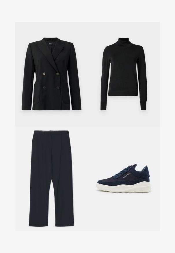 Schwarzer, doppelt gefütterter Blazer aus strukturiertem Stoff, mit Reverskragen, zwei Vordertaschen und vier schwarzen Knöpfen.; Schwarzer Langarmrollkragenpullover mit gerippten Bündchen und Saum, auf einem schlichten weißen Hintergrund präsentiert.; Schwarze geplisster Hose mit geradem Schnitt. Aus glattem Stoff gefertigt, mit flachem Bund und Seitentaschen. Minimalistisches Design, ohne Muster.; Dunkelmarineblaue Wildleder-Sneaker mit weißen Gummisohlen, runder Zehenform und Schnürdesign. Mit Logo-Detail an der Seite und strukturierten Akzenten.