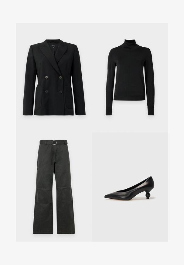 Zwarte dubbelgebreide blazer van gestructureerde stof, met notch revers, twee voord pockets en vier zwarte knopen.; Zwarte trui met lange mouwen en col, voorzien van geribde manchetten en zoom, weergegeven op een effen witte achtergrond.; Zwarte wijde broek met een middelhoge taille, voorzien van een riem met een zilveren ronde gesp, en afgewerkt met kniestukken.; Zwarte leren hoge hak schoen met een spitse neus en een ronde, bolle hak. Gladde textuur met een elegant, minimalistisch ontwerp.