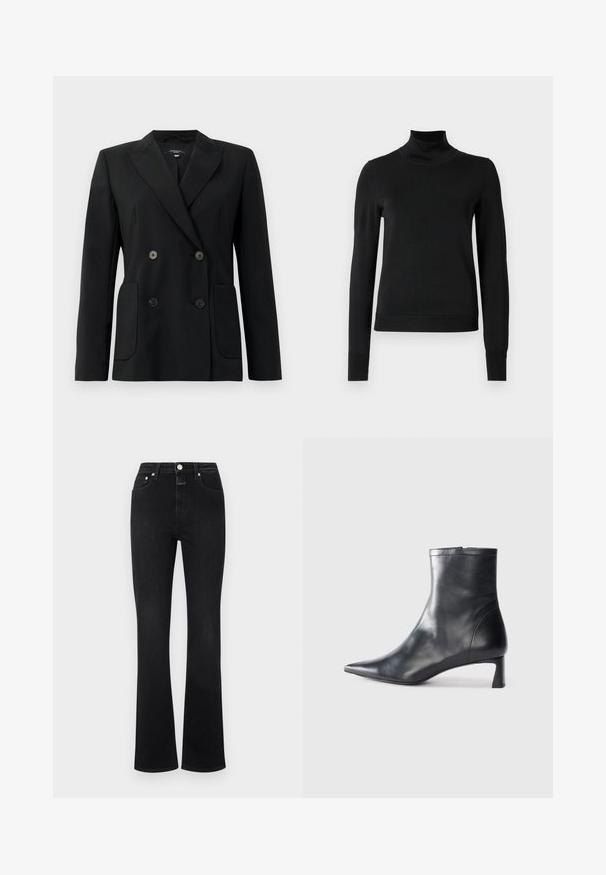 Black double-breasted blazer made of structured fabric, featuring notch lapels, two front pockets, and four black buttons.; Black long-sleeve turtleneck sweater with ribbed cuffs and hem, displayed on a plain white background.; Black flared jeans made of denim, featuring a high waist, five pockets, gold-tone hardware, and a smooth texture.; Black leather ankle boot with a pointed toe and a sleek design. Features a low heel and a zipper closure at the back. Smooth texture.