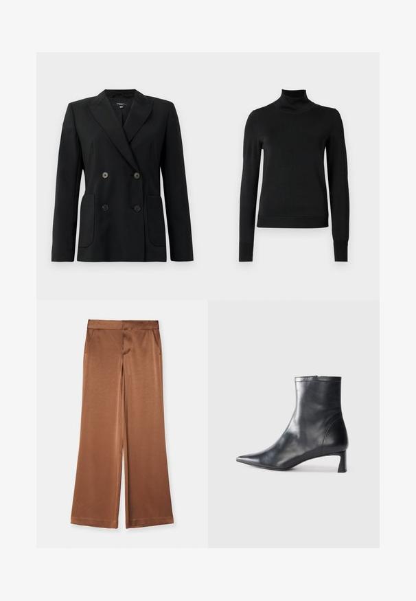 Sort dobbeltradet blazer lavet af struktureret stof, med klapkrave, to forlommer og fire sorte knapper.; Sort langærmet turtleneck sweater med ribbede manchetter og kant, vist på en simpel hvid baggrund.; Brune brede bukser lavet af satin, med sidelommer, en glat tekstur og en skræddersyet talje for en struktureret pasform.; Sort læder ankelstøvle med spids tå og et strømlinet design. Har en lav hæl og en lynlås lukning bagpå. Glat tekstur.
