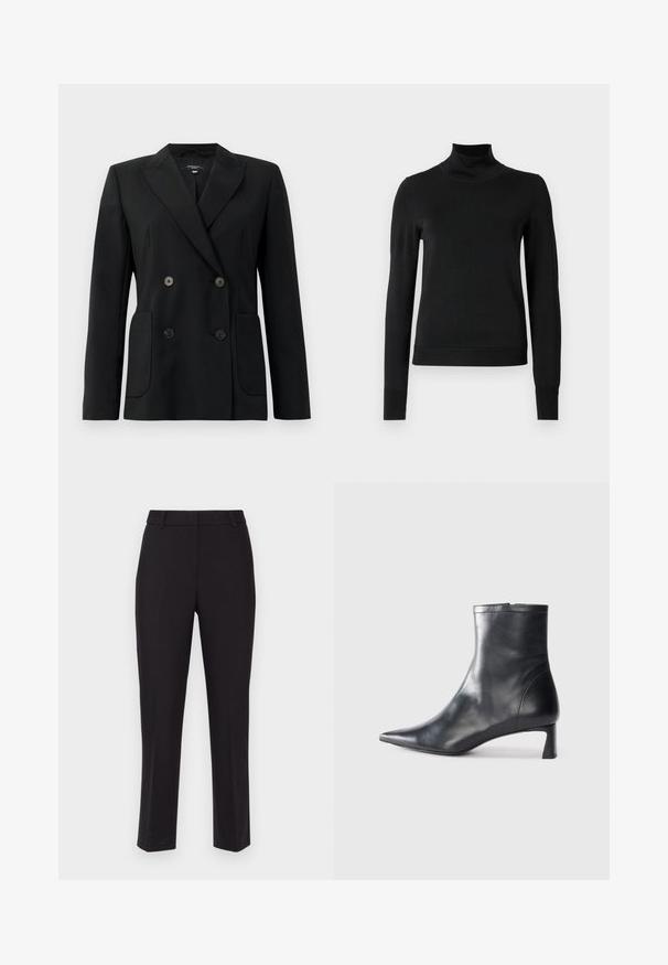 Blazer noir croisé en tissu structuré, avec des revers en pointe, deux poches avant et quatre boutons noirs.; Pull à col roulé noir à manches longues avec des poignets et un ourlet côtelés, présenté sur un fond blanc uni.; Pantalon noir ajusté avec une coupe droite, en tissu lisse, avec passants de ceinture et sans poches visibles ni embellissements.; Bottine en cuir noir avec un bout pointu et un design épuré. Présente un petit talon et une fermeture éclair à l'arrière. Texture lisse.