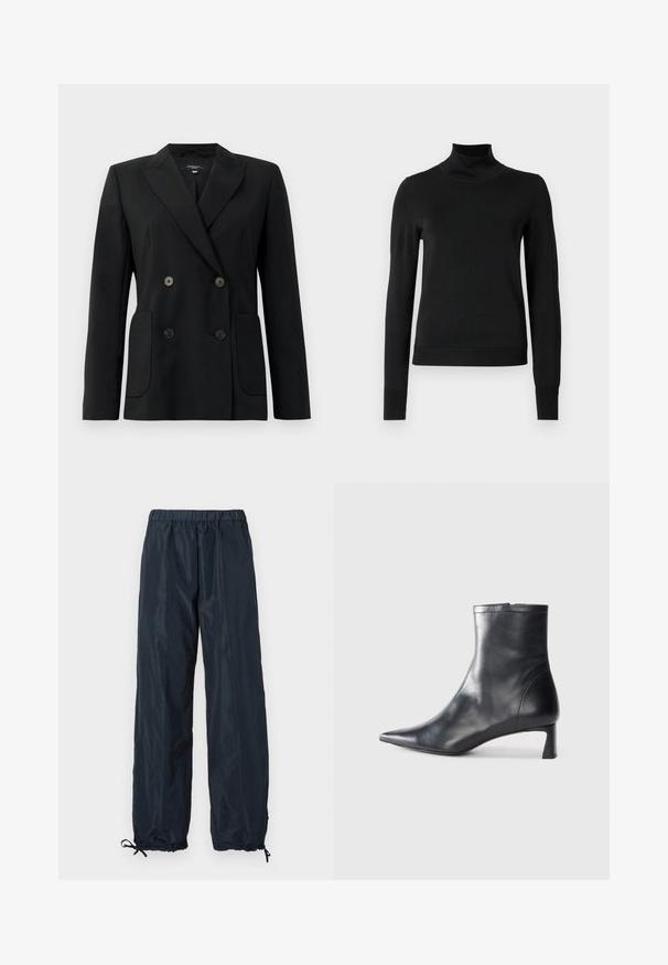 Juodas dvigubas švarkas, pagamintas iš struktūruotos medžiagos, su išpjautomis atlapomis, dviem priekinėmis kišenėmis ir taisyklingais juodais mygtukais.; Juoda ilgomis rankovėmis turtleneko tipo megztinis su rebruotomis rankovėmis ir apačia, eksponuojamas ant paprasto balto fono.; Jūriniai vėjui atsparūs kelnių modeliai su elastinga juosmens juosta, reguliuojamais rankogaliais ir sklandžiu, lengvu audiniu. Pilno ilgio dizainas be kišenių.; Juodas odinis kulkšninis batas su smailiu pirštu ir elegantišku dizainu. Turi žemą kulną ir užtrauktuką gale. Lygi tekstūra.