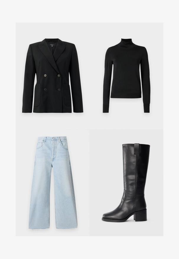 Juodas dvigubas švarkas, pagamintas iš struktūruotos medžiagos, su išpjautomis atlapomis, dviem priekinėmis kišenėmis ir taisyklingais juodais mygtukais.; Juoda ilgomis rankovėmis turtleneko tipo megztinis su rebruotomis rankovėmis ir apačia, eksponuojamas ant paprasto balto fono.; Šviesiai mėlynos plačios džinsinės kelnės, pagamintos iš džinsinio audinio, su aukštu liemeniu, priekinėmis kišenėmis ir ryškiais siuvimo detalėmis. Žaliavos apdaila apačioje.; Juodos odinės iki kelių siekiančios botai su lygiu paviršiumi, kvadratiniu pirštu, storu kulnu ir šoniniu kilputė, su minimaliais siuvimo akcentais.