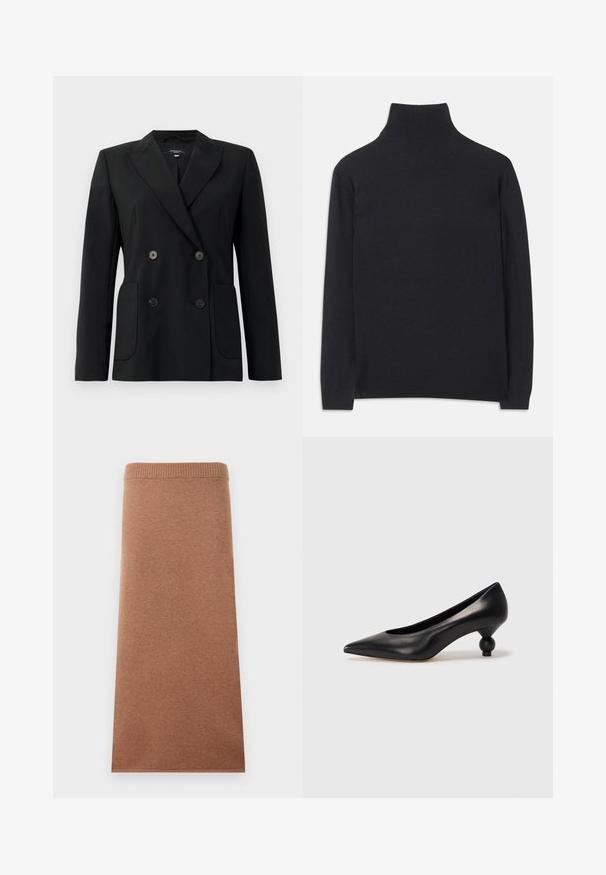 Fekete, kétsoros zakó, amely strukturált anyagból készült, kihajtott gallérral, két elülső zsebbel és négy fekete gombbal rendelkezik.; Fekete garbó pulóver puha anyagból. Hosszú ujjakkal, magas nyakkal és bordázott mandzsettákkal, valamint aljjal rendelkezik, ami karcsú megjelenést kölcsönöz.; Barna, kötött midi szoknya szoros, elasztikus derékkal. Simára szőtt anyag, egyenes fazon, látható minták vagy kiegészítők nélkül.; Fekete bőr magassarkú cipő, hegyes orral és kerek, gömbölyű sarokkal. Simább textúrával, elegáns, minimalista dizájnnal.