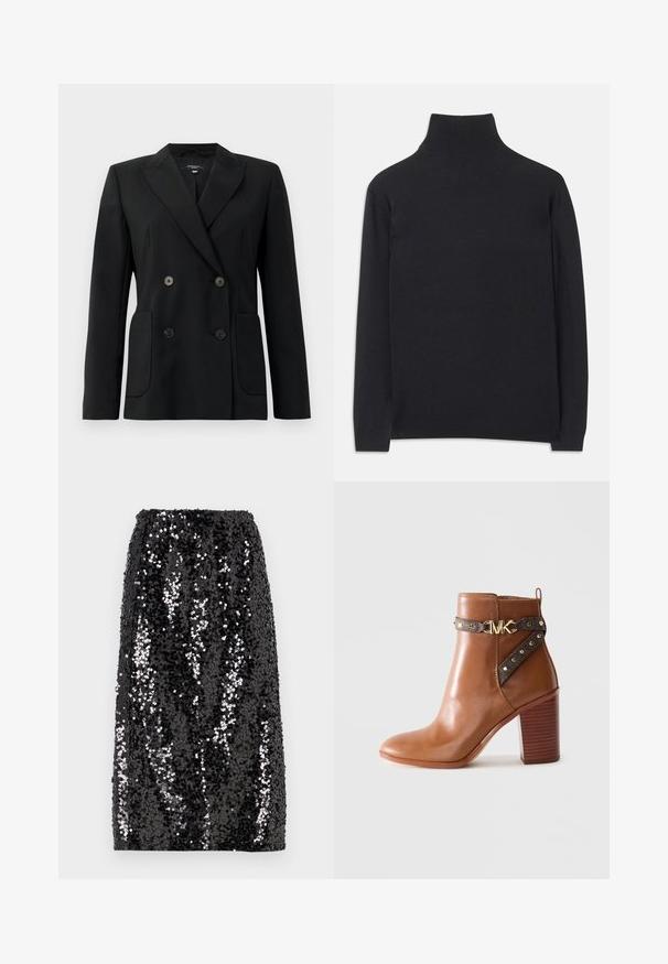 Črn dvoredni blazer iz strukturirane tkanine, z ovratnikom tipa notch, dvema sprednjima žepoma in štirimi črnimi gumbi.; Črn pulover z visoko ovratnikom, izdelan iz mehkega materiala. Ima dolge rokave, visoko ovratnik ter rebraste manšete in rob, kar daje prilegajoč videz.; Črna bleščica krila z ravno obliko, elastičnim pasom in gladko teksturo, ki vsebuje bleščice različnih velikosti za vizualni kontrast.; Rjavi usnjeni gležnjarji z blokastim petami, stransko zanko z zlatimi zakovicami in z zlatim sponko z logotipom "MK".
