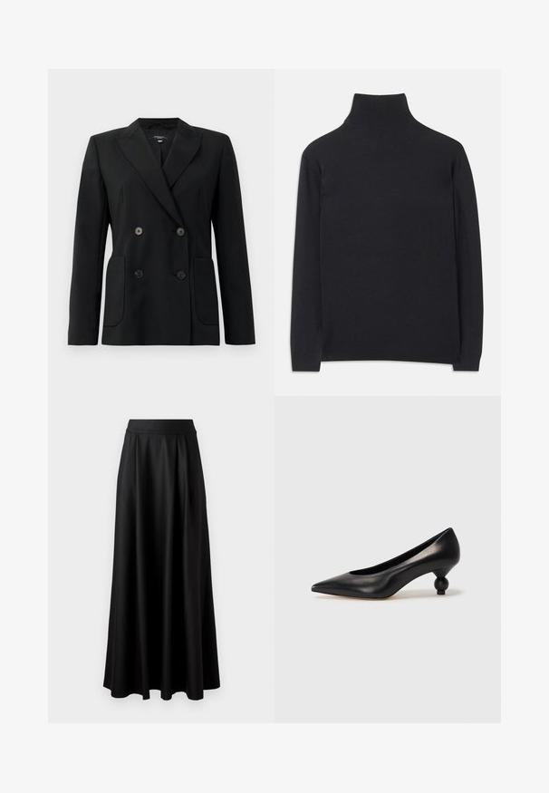 Blazer negru cu două rânduri de nasturi, realizat dintr-un material structurat, având rever cu decupaj, două buzunare frontale și patru nasturi negri.; Pulover negru cu guler înalt, fabricat dintr-un material moale. Are mâneci lungi, un guler înalt și manșete și tiv cu dantelă pentru un aspect ajustat.; Fustă neagră, până la podea, cu o textură netedă, talie lată și design plisat, fără modele vizibile sau embellismente.; Pantofii cu toc înalt din piele neagră, cu vârf ascuțit și toc rotund, mimos. Textură netedă, cu un design elegant și minimalist.
