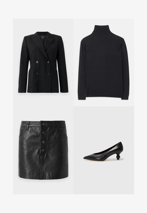 Czarna podwójnie zapinana marynarka z wytrzymałego materiału, z klapami w kształcie klina, dwiema przednimi kieszeniami i czterema czarnymi guzikami.; Czarny sweter z golfem wykonany z miękkiego materiału. Posiada długie rękawy, wysoki kołnierz oraz prążkowane mankiety i dół, co zapewnia dopasowany wygląd.; Czarna skórzana spódnica z wysokim stanem, zapięciem na guziki z przodu, dwiema bocznymi kieszeniami oraz lekko rozkloszowanym kształtem. Faktura wykończenia.; Czarna skórzana szpilka z ostrym czubkiem i okrągłym, kulistym obcasem. Gładka tekstura z eleganckim, minimalistycznym wzornictwem.