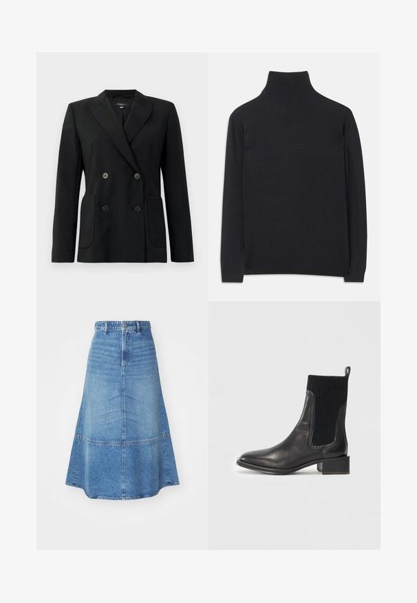 Fekete, kétsoros zakó, amely strukturált anyagból készült, kihajtott gallérral, két elülső zsebbel és négy fekete gombbal rendelkezik.; Fekete garbó pulóver puha anyagból. Hosszú ujjakkal, magas nyakkal és bordázott mandzsettákkal, valamint aljjal rendelkezik, ami karcsú megjelenést kölcsönöz.; Citizens of Humanity CASSIA SKIRT IN NORMANDIE - Farmerszoknya - normandie; Fekete bőr bokacsizma bordás fekete elasztikus panelemmel, négyzet alakú orral és alacsony blokk sarkal. Simább textúrával, minimális varrási részletekkel.