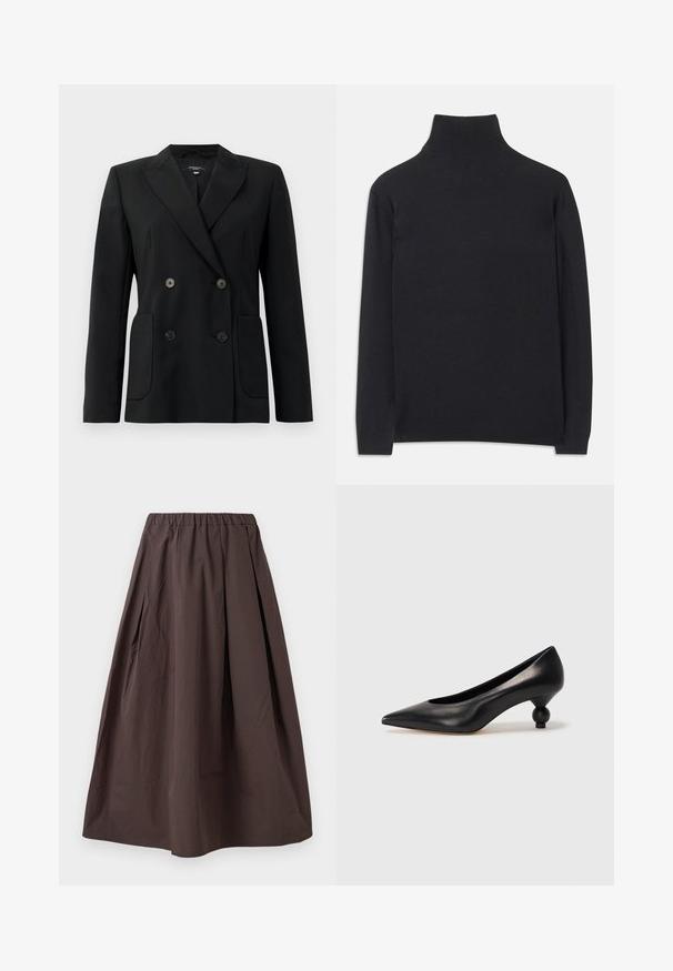 Schwarzer, doppelt gefütterter Blazer aus strukturiertem Stoff, mit Reverskragen, zwei Vordertaschen und vier schwarzen Knöpfen.; Schwarzer Rollkragenpullover aus weichem Material. Mit langen Ärmeln, einem hohen Kragen und gerippten Bündchen und Saum für einen figurbetonten Look.; Brauner Midilänge-Rock mit elastischem Bund und dezenten Falten auf einem weißen Hintergrund.; Schwarze Leder-Pumps mit spitzem Zehenbereich und runder, ballförmiger Ferse. Glatte Textur mit einem eleganten, minimalistischen Design.