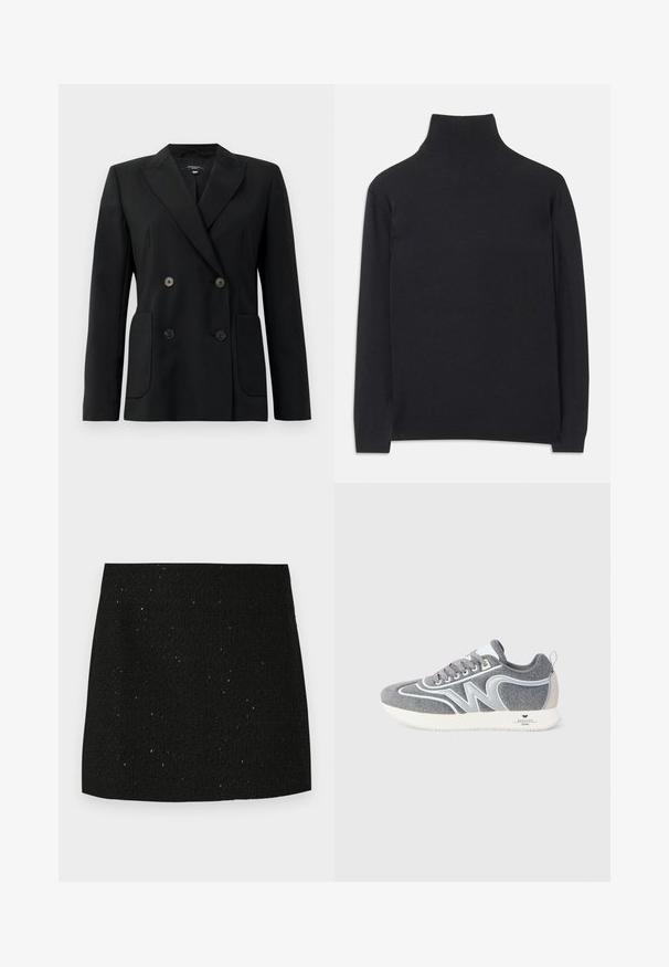Blazer preto de dupla face feito de tecido estruturado, apresentando lapelas com corte em notch, dois bolsos frontais e quatro botões pretos.; Suéter preto de gola alta feito de um tecido macio. Apresenta mangas longas, uma gola alta, e punhos e bainha canelados para um ajuste ajustado.; Saia mini preta texturizada com sutis pontos brilhantes, corte reto e sem adornos ou padrões visíveis.; Sapatilha de cano baixo em cinza e branco com atacadores, design em "W" na lateral e uma sola branca com a marca "Weekend Max Mara" no calcanhar.