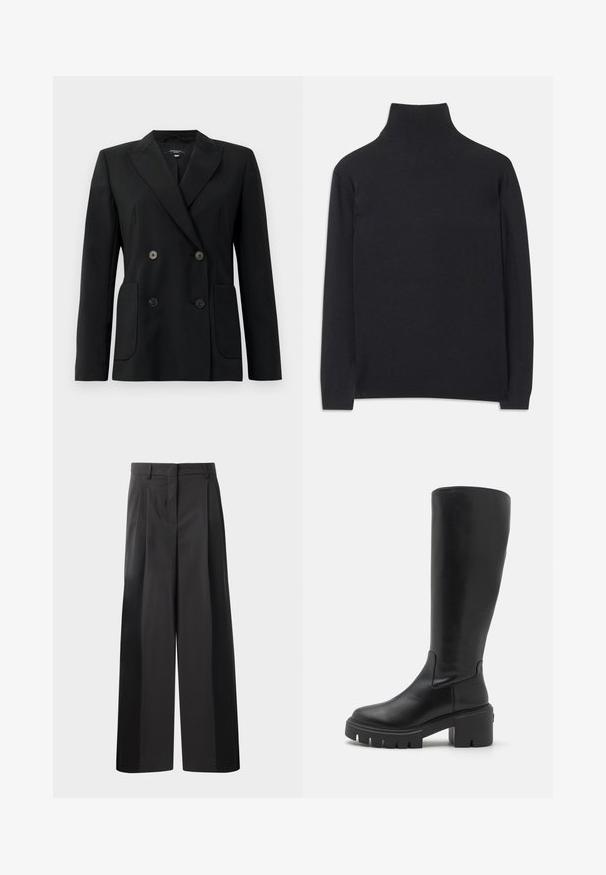 Blazer negru cu două rânduri de nasturi, realizat dintr-un material structurat, având rever cu decupaj, două buzunare frontale și patru nasturi negri.; Pulover negru cu guler înalt, fabricat dintr-un material moale. Are mâneci lungi, un guler înalt și manșete și tiv cu dantelă pentru un aspect ajustat.; Pantaloni negri cu talie înaltă, cu picioare largi, având pliseuri frontale, o textură netedă și un finisaj croit. Concepuți pentru o croială relaxată.; Botine din piele neagră, până la genunchi, cu o textură netedă, talpă platformă groasă și design cu vârf pătrățos. Stil minimalist, fără Accente vizibile.