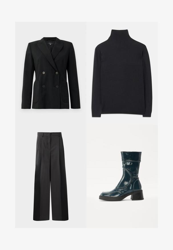 Fekete, kétsoros zakó, amely strukturált anyagból készült, kihajtott gallérral, két elülső zsebbel és négy fekete gombbal rendelkezik.; Fekete garbó pulóver puha anyagból. Hosszú ujjakkal, magas nyakkal és bordázott mandzsettákkal, valamint aljjal rendelkezik, ami karcsú megjelenést kölcsönöz.; Fekete, bő szárú nadrág magas derékkal, elöl plissékkel, sima felülettel és igényes kidolgozással. Kényelmes viseletre tervezve.; MIISTA MALENE - Csizmák - navy