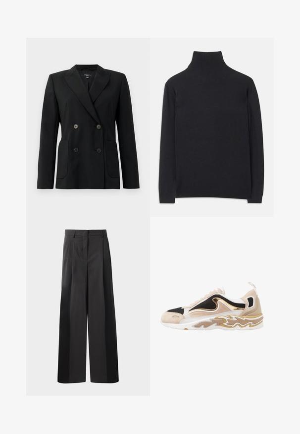 Black double-breasted blazer made of structured fabric, featuring notch lapels, two front pockets, and four black buttons.; Black turtleneck sweater made of soft fabric. Features long sleeves, a high neck, and ribbed cuffs and hem for a fitted look.; Black wide-leg trousers with a high waist, featuring front pleats, a smooth texture, and a tailored finish. Designed for a relaxed fit.; Sneaker with a black mesh upper, tan suede accents, and a gold metallic detail. Features a white sole with a wave pattern design.
