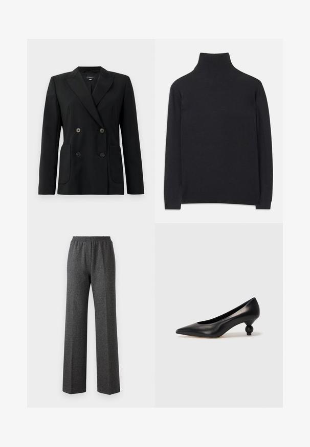 Melnā dubultā jaciņa, kas izgatavota no strukturēta auduma, ar griezumiem pie apkakles, divām priekšējām kabatām un četriem melniem pogām.; Melns augstais kakls džemperis no mīksta auduma. Tam ir garas piedurknes, augsts kakls un ribotas aproces un apakšmala, lai radītu pieguļošu izskatu.; Pelēku teksturētu platajām kājām bikses ar elastīgu jostasvietu, kurām ir smalka herringbone raksts. Mīksts audums ar brīvu piegriezumu.; Melnas ādas augstpapēžu kurpes ar smailu purngalu un apaļu papēdi. Gluda tekstūra ar elegantu, minimālistisku dizainu.