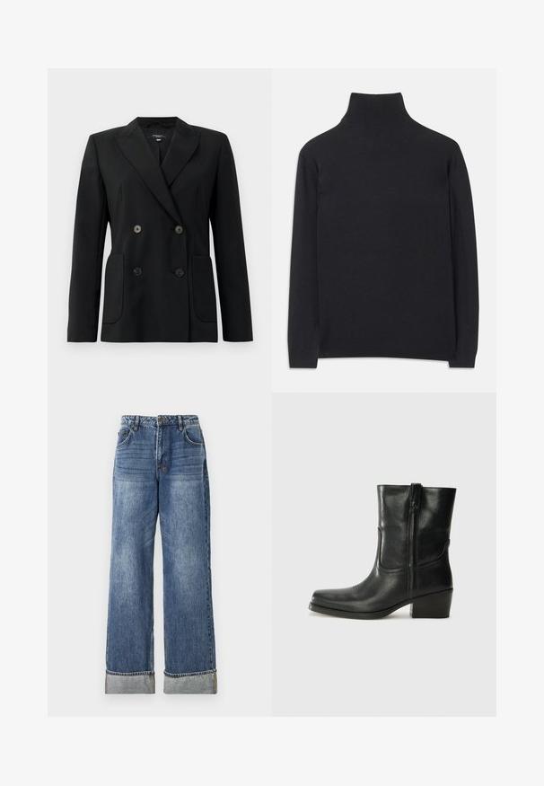 Μαύρο διπλό μπουφάν με καπιτονέ ύφασμα, διαθέτει γωνιακά πέτα, δύο μπροστινές τσέπες και τέσσερα μαύρα κουμπιά.; Μαύρο πουλόβερ με φανέλα από μαλακό ύφασμα. Διαθέτει μακριά μανίκια, ψηλό λαιμό και ριμπ κορδόνια και στρίφωμα για εφαρμοστή εμφάνιση.; Ksubi LOW RIDER CUFFED AGED - Straight leg jeans - blue denim; Μαύρη δερμάτινη μπότες αστραγάλου με στρογγυλή μύτη, τετράγωνη φτέρνα, πλαϊνό φερμουάρ και ραφές στη μύτη. Ομαλή υφή, κλασικός σχεδιασμός.