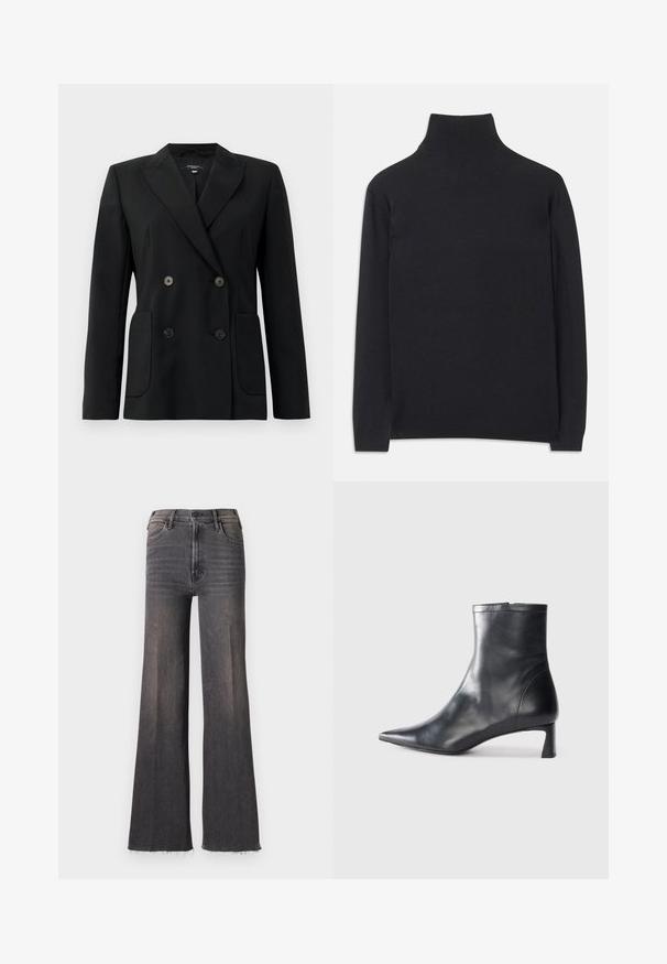 Sort dobbeltradet blazer lavet af struktureret stof, med klapkrave, to forlommer og fire sorte knapper.; Sort turtleneck sweater lavet af blødt stof. Har lange ærmer, en høj hals, og ribbede manchetter og kant for et stramt look.; Højtaljede, falmede sorte brede bukser med knaplukning, forlommer og rå flækkede kanter.; Sort læder ankelstøvle med spids tå og et strømlinet design. Har en lav hæl og en lynlås lukning bagpå. Glat tekstur.