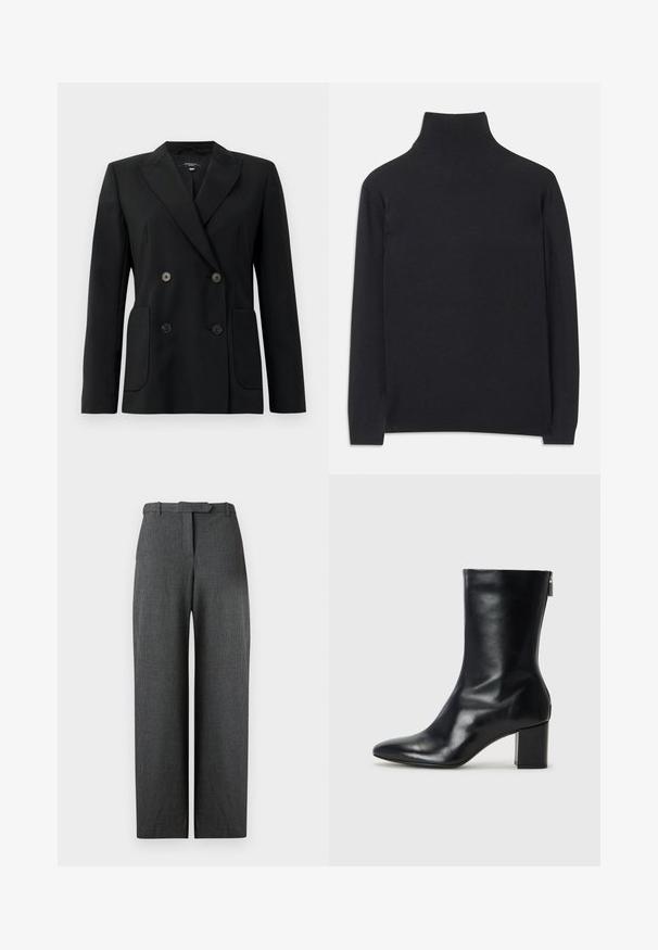 Blazer noir croisé en tissu structuré, avec des revers en pointe, deux poches avant et quatre boutons noirs.; Pull à col roulé noir en tissu doux. Il dispose de manches longues, d'un col montant et de bords côtelés pour un look cintré.; Pantalon large texturé gris avec une coupe ajustée, présentant une taille avec passants de ceinture et des poches latérales, confectionné dans un tissu soigné.; Bottine en cuir noir avec un bout pointu et un talon carré de 4 cm. Design élégant avec une fermeture éclair sur le côté pour un enfilage facile. Texture lisse.