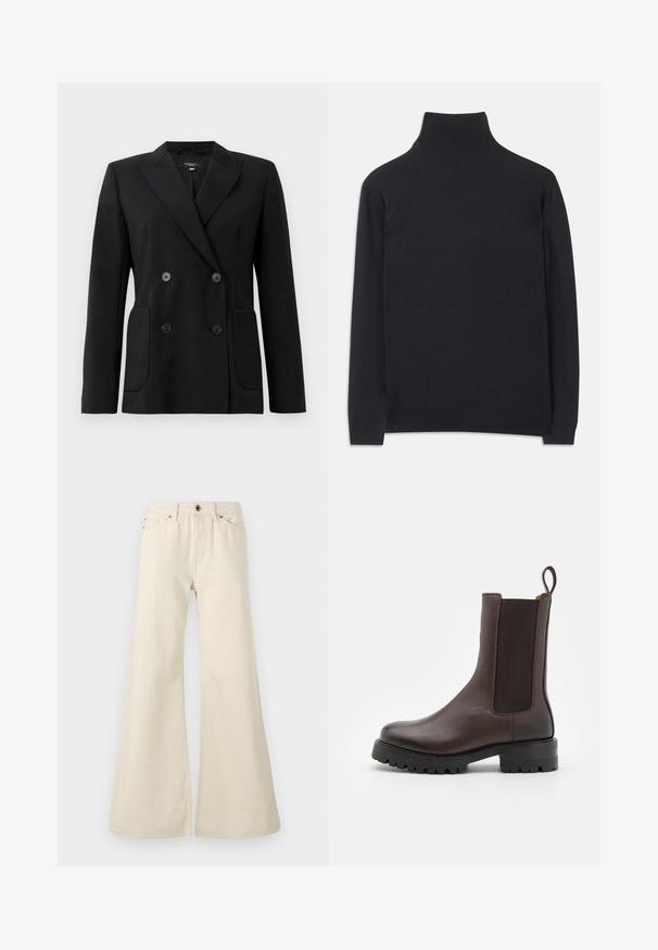 Mustvalge topeltkinnitatud bleiser, mis on valmistatud jäigast kangast, millel on kraed, kaks esist pocketit ja neli musta nööpi.; Must zwart pullovers, mis pehmeast kangast. Omab pikki varrukaid, kõrget kaelanupukest ning soonikute äärte ja alläärtega, et tagada mugav istuvus.; Heledad beežid flared teksad, mis on valmistatud puuvillast. Omavad kõrget vööd, viit taskut ja nööbi kinnitust kontrastse õmbluse detailidega.; Pruun nahast pahkluu saapad, millel on elastsed külgpaneelid, tõmbeaas ja jäme tallaga, millel on mustrimuster. Sile viimistlus ja tugev disain.