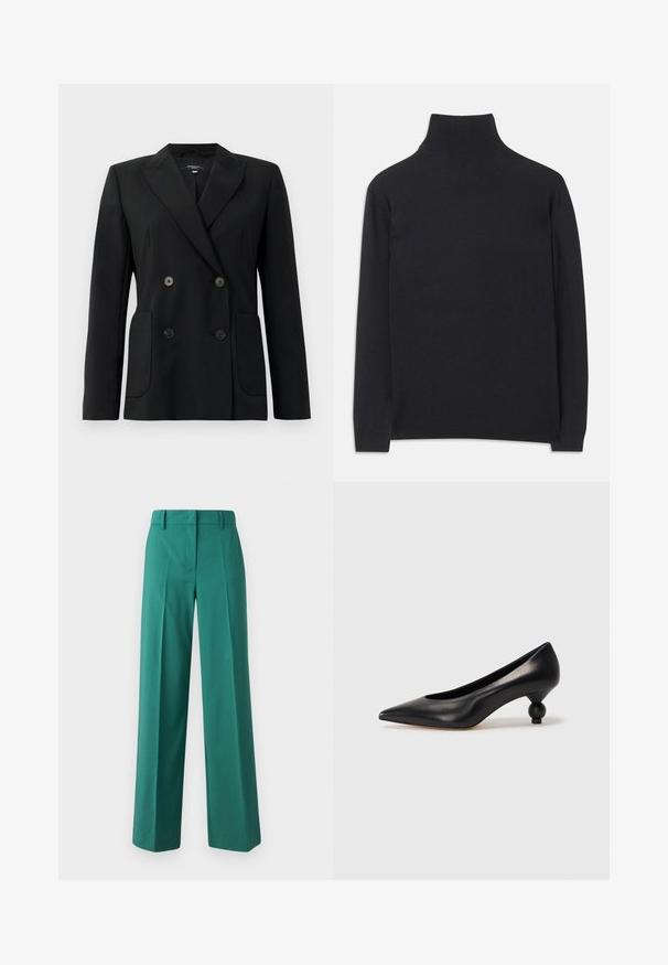 Black double-breasted blazer made of structured fabric, featuring notch lapels, two front pockets, and four black buttons.; Black turtleneck sweater made of soft fabric. Features long sleeves, a high neck, and ribbed cuffs and hem for a fitted look.; Green wide-leg trousers made of smooth fabric with a tailored fit, featuring front pleats and a two-pocket design.; Black leather high heel shoe with a pointed toe and a round, balled heel. Smooth texture with a sleek, minimal design.
