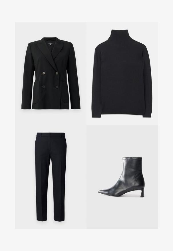 Zwarte dubbelgebreide blazer van gestructureerde stof, met notch revers, twee voord pockets en vier zwarte knopen.; Zwarte coltrui gemaakt van zacht materiaal. Heeft lange mouwen, een hoge hals, en ribbelachtige boorden en onderkant voor een aansluitende look.; Op maat gemaakte zwarte broek van een gladde stof, met een platte voorkant, een standaard tailleband en rechte pijpen met persplooien.; Zwarte leren enkellaars met een spitse neus en een slank ontwerp. Heeft een lage hak en een ritssluiting aan de achterkant. Gladde textuur.