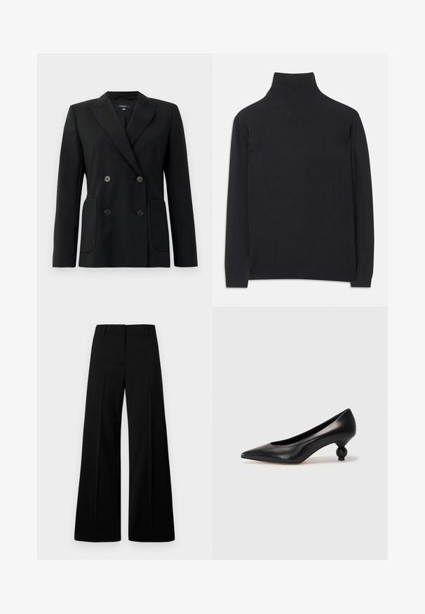 Mustvalge topeltkinnitatud bleiser, mis on valmistatud jäigast kangast, millel on kraed, kaks esist pocketit ja neli musta nööpi.; Must zwart pullovers, mis pehmeast kangast. Omab pikki varrukaid, kõrget kaelanupukest ning soonikute äärte ja alläärtega, et tagada mugav istuvus.; Mustad mustad jalad, mis on varustatud sileda tekstuuriga, struktureeritud vöökoht ja esiplekid. Minimalistlik disain, ilma nähtava riistvarata.; Must musta kõrge kontsaga king, millel on terav nina ja ümar, pallikujuline konts. Sile pind ja elegantne, minimalistlik disain.