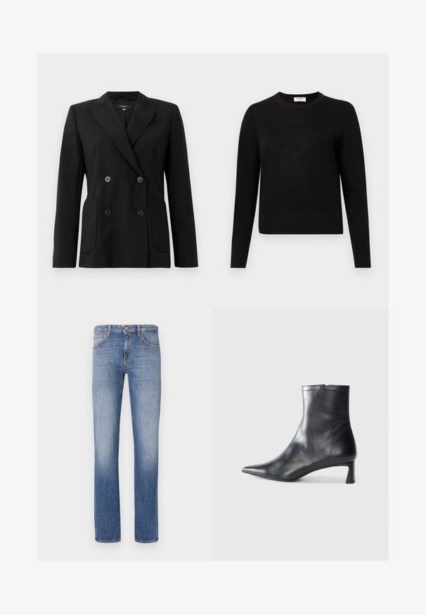 Μαύρο διπλό μπουφάν με καπιτονέ ύφασμα, διαθέτει γωνιακά πέτα, δύο μπροστινές τσέπες και τέσσερα μαύρα κουμπιά.; Μαύρο πουλόβερ με μακριά μανίκια και στρογγυλή λαιμόκοψη, φτιαγμένο από απαλό πλεκτό ύφασμα, με ριμπ τελείωμα και μανίκια για στενή εφαρμογή.; Ανοιχτό μπλε τζιν παντελόνι με ίσια γραμμή, κλασικό σχέδιο πέντε τσεπών, διακριτές φθορές και πορτοκαλί ραφές.; Μαύρη δερμάτινη μπότες αστραγάλου με μυτερή μύτη και κομψό σχέδιο. Διαθέτει χαμηλό τακούνι και φερμουάρ στο πίσω μέρος. Λείο υφή.