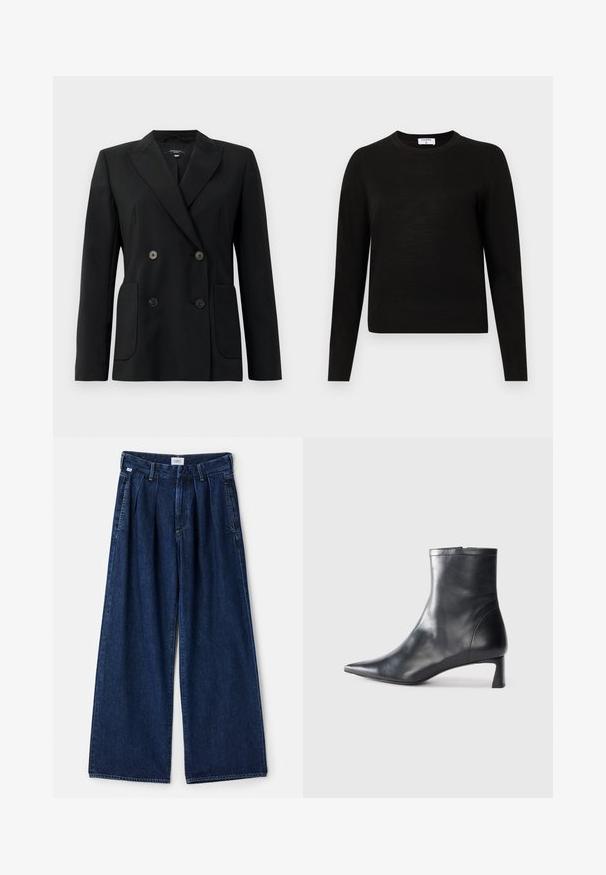Μαύρο διπλό μπουφάν με καπιτονέ ύφασμα, διαθέτει γωνιακά πέτα, δύο μπροστινές τσέπες και τέσσερα μαύρα κουμπιά.; Μαύρο πουλόβερ με μακριά μανίκια και στρογγυλή λαιμόκοψη, φτιαγμένο από απαλό πλεκτό ύφασμα, με ριμπ τελείωμα και μανίκια για στενή εφαρμογή.; Φαρδιές παντελόνες από μπλε τζιν με πτυχώσεις, με ψηλή μέση, μπροστινές τσέπες και υφή. Το ύφασμα είναι παχύ και ανθεκτικό.; Μαύρη δερμάτινη μπότες αστραγάλου με μυτερή μύτη και κομψό σχέδιο. Διαθέτει χαμηλό τακούνι και φερμουάρ στο πίσω μέρος. Λείο υφή.