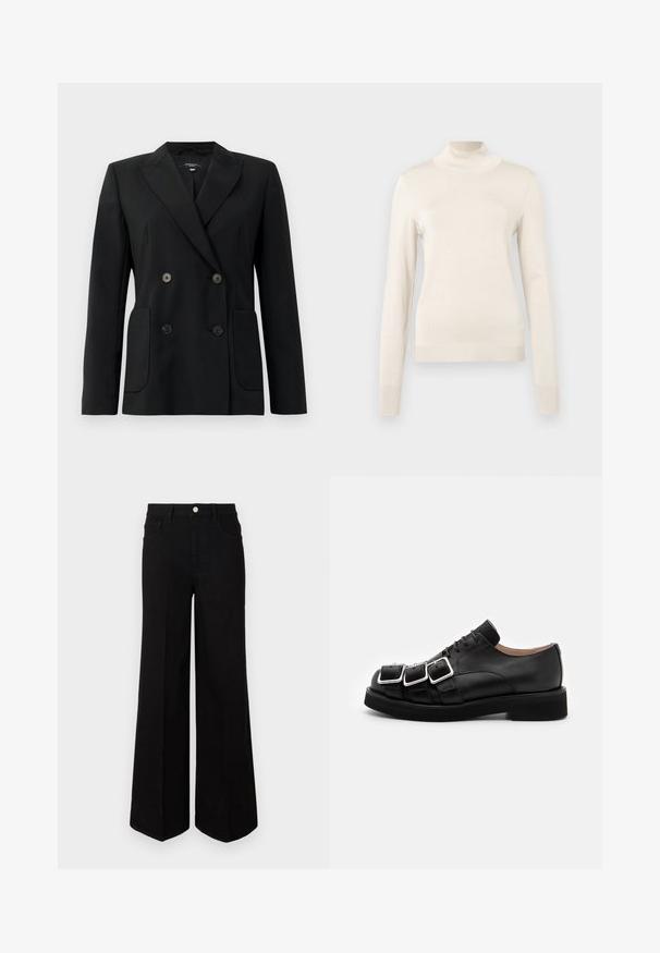 Melnā dubultā jaciņa, kas izgatavota no strukturēta auduma, ar griezumiem pie apkakles, divām priekšējām kabatām un četriem melniem pogām.; Krēmkrāsas augstsvītra džemperis, izgatavots no mīkstas adītas auduma, ar garām piedurknēm un ribotas apdares pie kakla un aprocēm.; Melna plaša kāju džinsi, izgatavoti no izturīga auduma, ar augstu jostasvietu, priekšējām kabatām un priekšējo pogu aizdari. Džinsu apakšā ir taisns apmale.; N°21 DERBY - Šņorkurpes - black