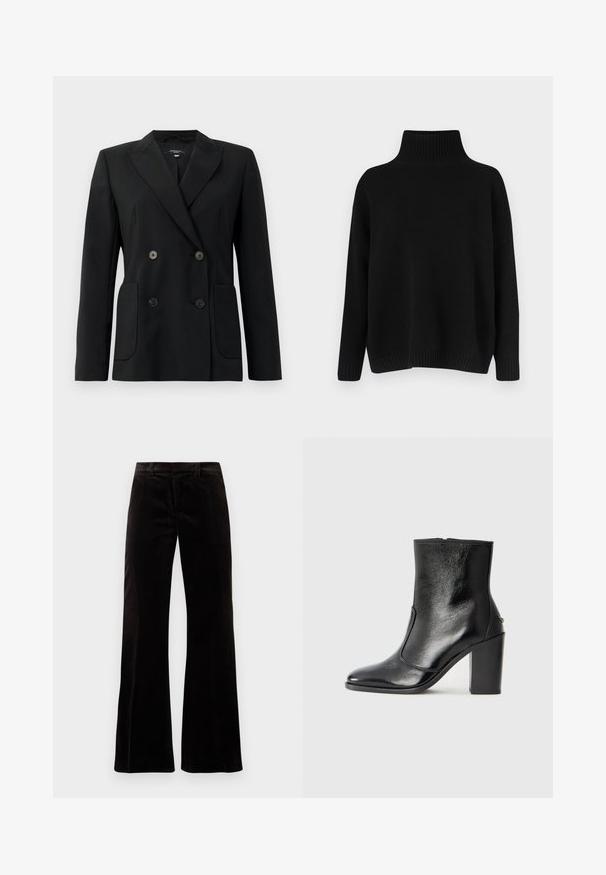 Sort dobbeltradet blazer lavet af struktureret stof, med klapkrave, to forlommer og fire sorte knapper.; Sort strikket sweater med høj ribstrikket krave, sænkede skuldre og en afslappet pasform. Har ribstrikkede manchetter og kant for struktur.; Sorte fløjelstræksbukser med en struktureret talje, glat tekstur og brede benåbninger, der skaber en afslappet silhuet.; Sorte læder ankelstøvler med en glat overflade, spids tå og en chunky høj hæl. Har en sidelukning og minimalistisk design.