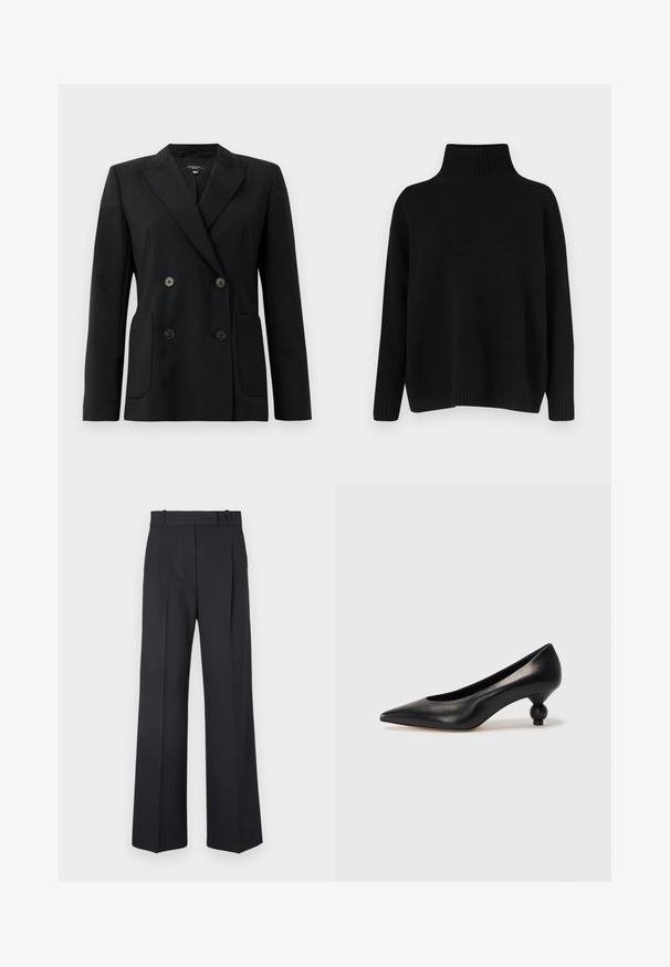 Juodas dvigubas švarkas, pagamintas iš struktūruotos medžiagos, su išpjautomis atlapomis, dviem priekinėmis kišenėmis ir taisyklingais juodais mygtukais.; Juodas megztinis megztas, su aukštu ribuotu apykakliu, nuleistais pečiais ir laisvo silueto. Turi ribotas rankogalius ir apačią, suteikiančias tekstūros.; Tamsiai mėlynos juostelės kelnės su aukštu liemeniu, plačiomis kojomis ir be matomų detalių ar puošmenų. Sklandus audinys ir pritaikytas siluetas.; Juoda odinė aukštakulnė bateliai su smailiu pirštu ir apvaliu, iškiliu kulnu. Lygus paviršius su elegantišku, minimalistiniu dizainu.